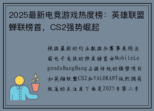 2025最新电竞游戏热度榜：英雄联盟蝉联榜首，CS2强势崛起